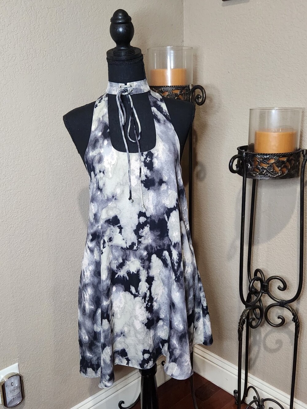 Olivaceous Black Sage and Cream Marble-Dye Halter Dress Size M NWT